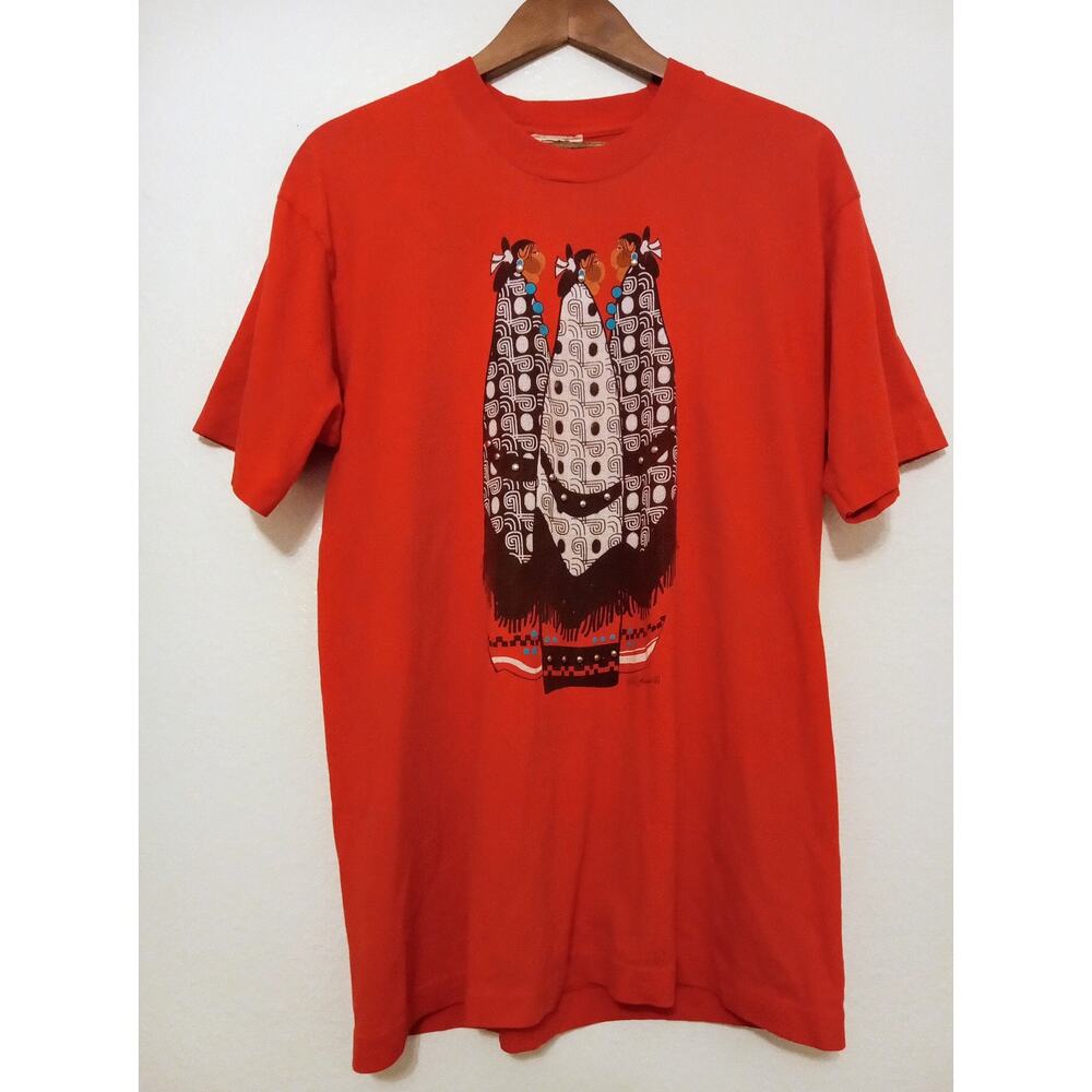 Vintage 90's Single Stitch Tee w Native American Art by Lida Souers Beaded SZ L